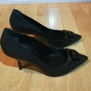 Tory Burch Leather Black Grey Pumps Chrome Logo 9